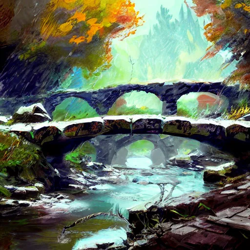 Image similar to acrylic painting, impressionism and expressionism, bold colors, expressive brushstrokes. a stone bridge over a river in riverwood, skyrim. raining. wide - angle shot. overcast. springtime. fantasy art by wadim kashin, cgsociety, nature art