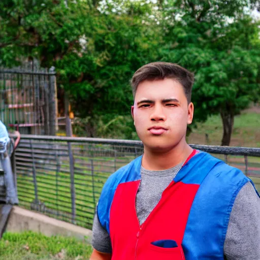 Image similar to Young man standing looking to the right in a red bandana, blue striped shirt, gray vest and a gun with a partly cloudy sky in the background. The young man is standing in front of an iron fence. Photograph. Real life