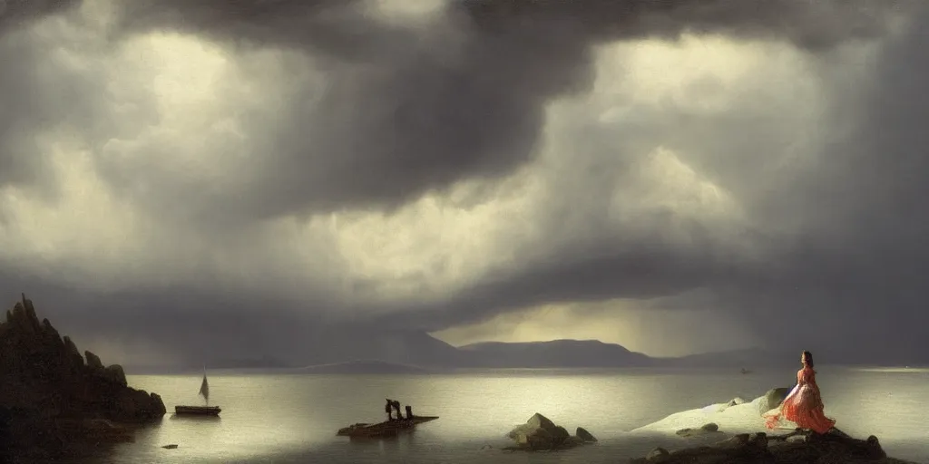 Image similar to a princess, big monster on the horizon, snowy fjord, storm clouds, dramatic lighting, hudson river school, afternoon