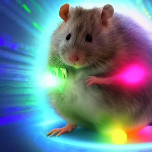 Image similar to cyberpunk hamster! holding rainbow! gem! crystal, neon lights, light reflection, logo, 8 k, hd