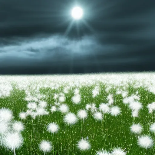 Image similar to a field completely covered by white detailed dandelions, gloom, volumetric lighting