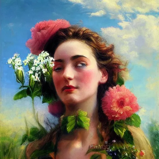 Image similar to a portrait of a romantic woman with flowers grow out of hair, roses peonies forget-me-nots dahlias lupins gladioli, sky theme in background, by Alexandr Averin, Digital Art, Trending on artstation