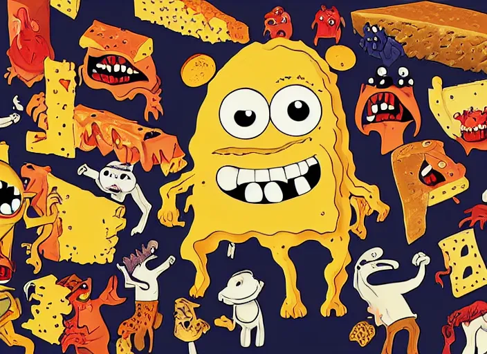 Image similar to monsters made of cheese, eating humans