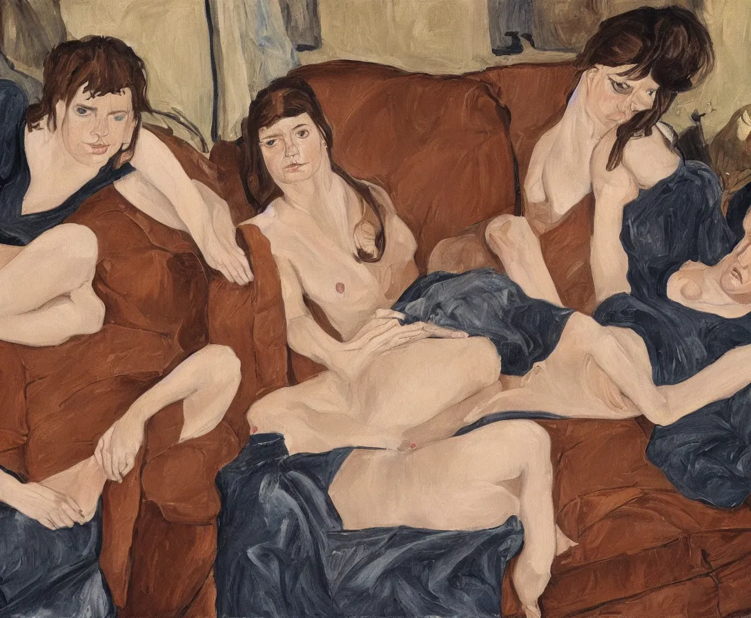 Image similar to two women, in an old english apartment on a brown leather sofa. one is wearing a dark blue sweather, the other a white shirt. brown hair, they are looking into the camera. wide shot. in the style of lucien freud. oil painting.