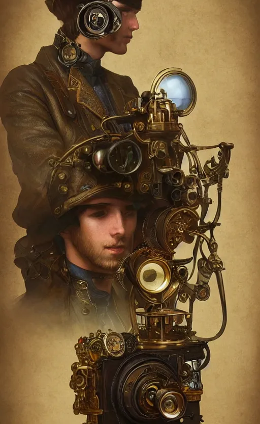 Image similar to hyper realistic male photographer looking through a vintage steampunk medium format camera, design on white background, beautiful details, lush foliage cyberpunk, gold, drawn by john singer sargent, tom bagshaw, norman rockwell, alphonso mucha, lolish, trending on artstation