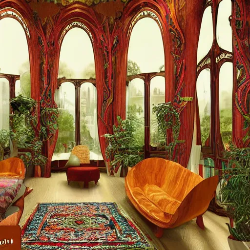 Prompt: highly detailed beautiful spacious bohemian interior in the style of art nouveau
