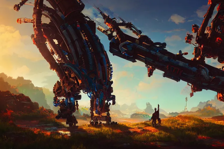 Image similar to scorcher machine mecanical creature robot of horizon forbidden west horizon zero dawn radiating a glowing aura global illumination ray tracing hdr fanart arstation by ian pesty and alena aenami artworks in 4 k