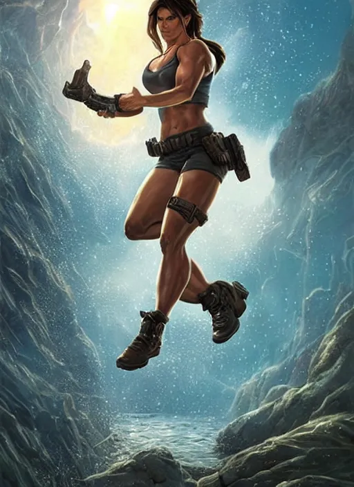 Image similar to muscled Sandra Bullock as Lara Croft as a ruggedly handsome heroine jumping off a glowing artifact lodged in shallow water, intricate, elegant, highly detailed, artstation, concept art, smooth, sharp focus, illustration, bokeh art by artgerm and donato giancola and Joseph Christian Leyendecker, WLOP, fireflies, distant snowstorm