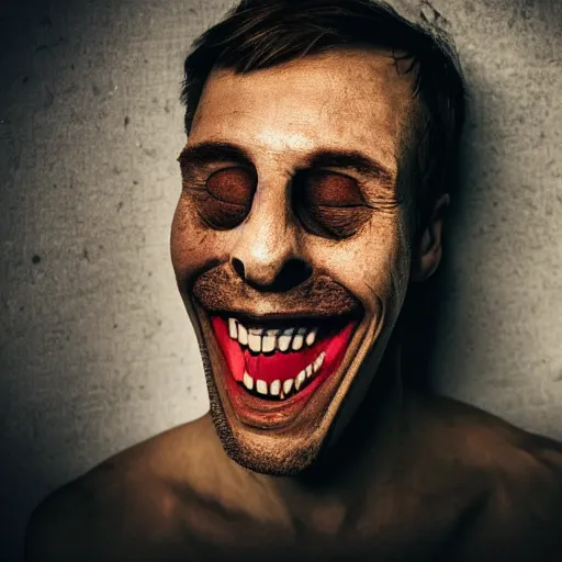 Prompt: a creepy image of a man with a big smile and no eyes