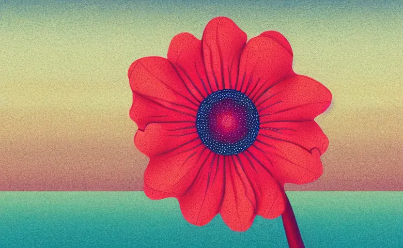 Image similar to one single stand alone huge hyperdetailed minimalist flower, seen from the long distance. by the sea. maximalist unexpected elements. free sky in plain natural warm tones. 8 x 1 6 k hd mixed media 3 d collage in the style of a childrenbook illustration in pastel tones. matte matte background. no frame hd