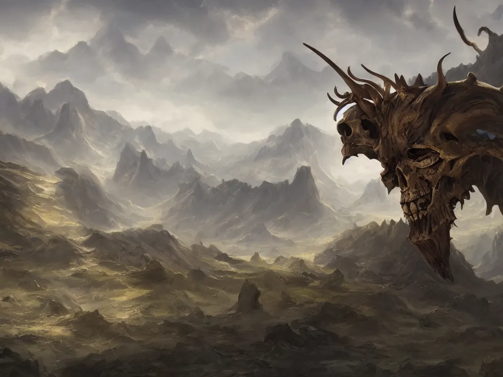 Image similar to a vast landscape painting of a giant skull with horns laying between the mountains, impaled on a sword, trending on artstation, high quality concept art, fantasy