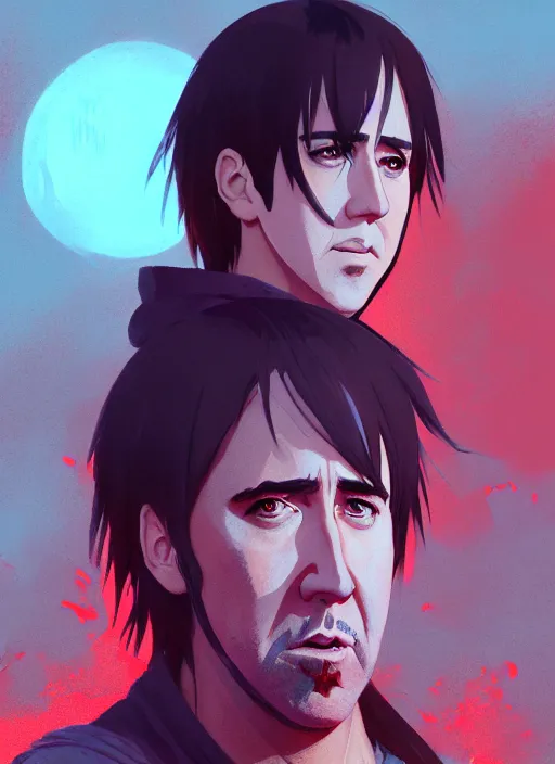 Image similar to portrait of nicolas cage from mandy, red sky background woodland landscape illustration concept art anime key visual trending pixiv fanbox by wlop and greg rutkowski and makoto shinkai and studio ghibli and kyoto animation