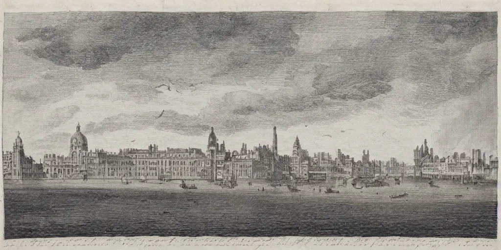 Image similar to illustration, 18th Century London, city buildings on top of tall bridge structure, over the ocean, tall arches, fading off to the horizon