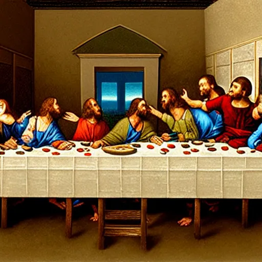 Image similar to the last supper but the people are all goblins, painting