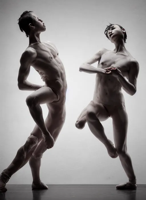 Prompt: expressive potrait photo of male and female butoh dancers dancing with cloth, glamour shot, by jenny saville, by stefan gesell, photorealistic, canon r 3, fashion photography, hyper maximalist, elegant, ornate, luxury, elite, environmental portrait, symmetrical features, octane render, unreal engine, solid dark grey background, dramatic lights