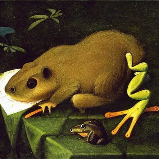 Prompt: “ beaver eating a frog, renaissance painting ”