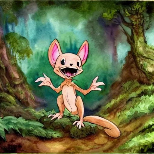 Image similar to watercolor of a chibi kobold in a forest. in the style of don bluth, disney, and hans zatzka. color harmony, 8 k detail, gallery quality, hd wallpaper, premium prints available.