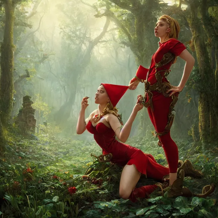 Image similar to intricate detailed portrait of Scarlet Johansson as a sensual elf on a beautiful forest meadow, temple ruins surrounded by lush forest, afternoon, art by Tyler Edlin, Artgerm and Greg Rutkowski and Alphonse Mucha and miro manara, atmospheric lighting, dynamic lighting, cgsociety, substance painter, 3dmodel