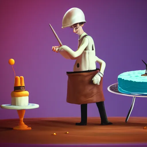 Prompt: a sad engineer making the perfect cake but failing, surreal, vivid, artstation, sharp focus