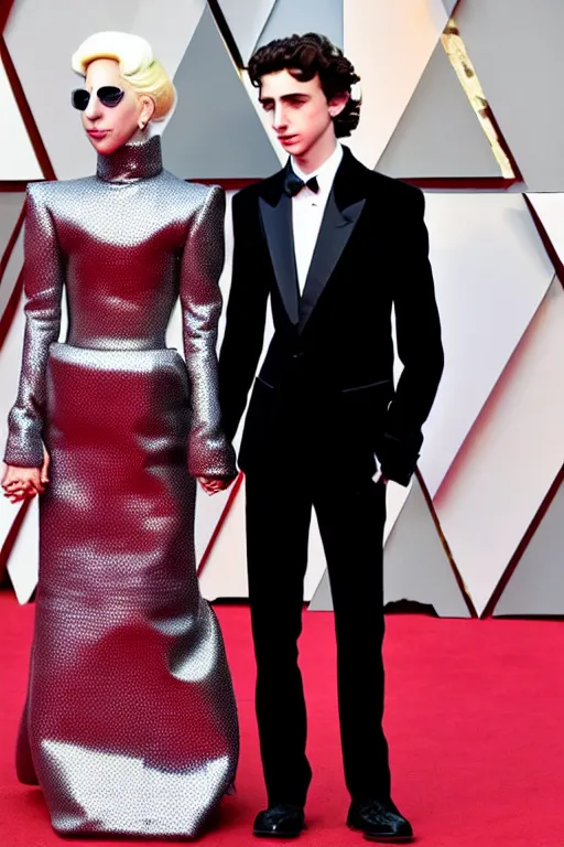 Image similar to timothee chalamet and lady gaga holding hands on the red carpet, beautiful detailed faces