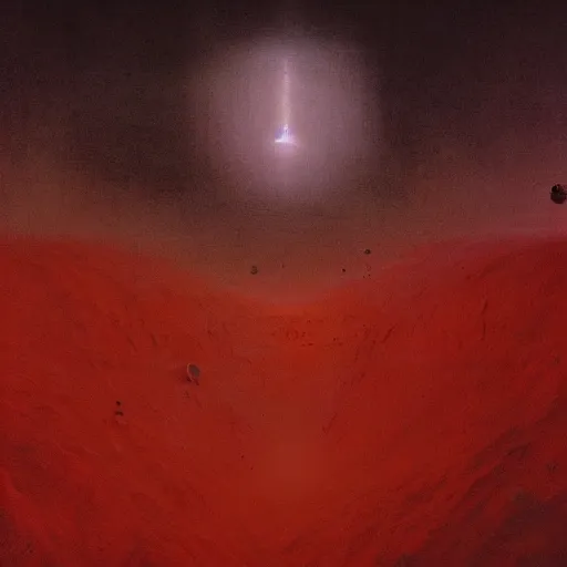 Prompt: an epic sci-fi cosmic horror landscape, by Beksiński and Rutkowski, horror, cosmic horror, blood, red, space, unknown, dark, cyberpunk, cinematic, 8k