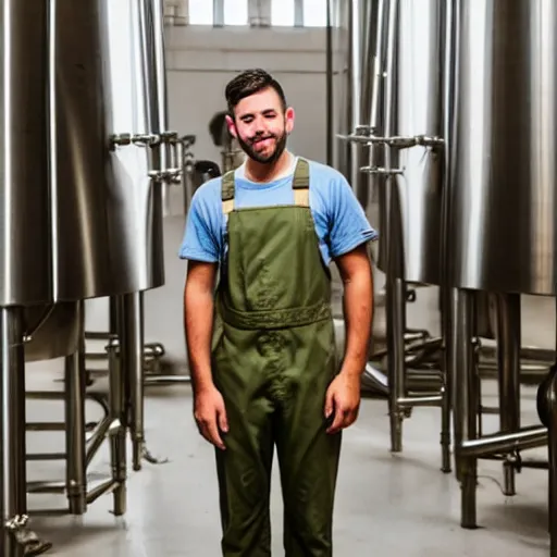 Prompt: a young man, olive skin, short messy hair wearing coveralls in a church brewery