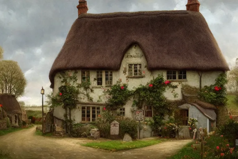 Prompt: A quaint cottage in an English village, merry england, oil on canvas, 4k, detailed, in the style of John Kenn Mortensen