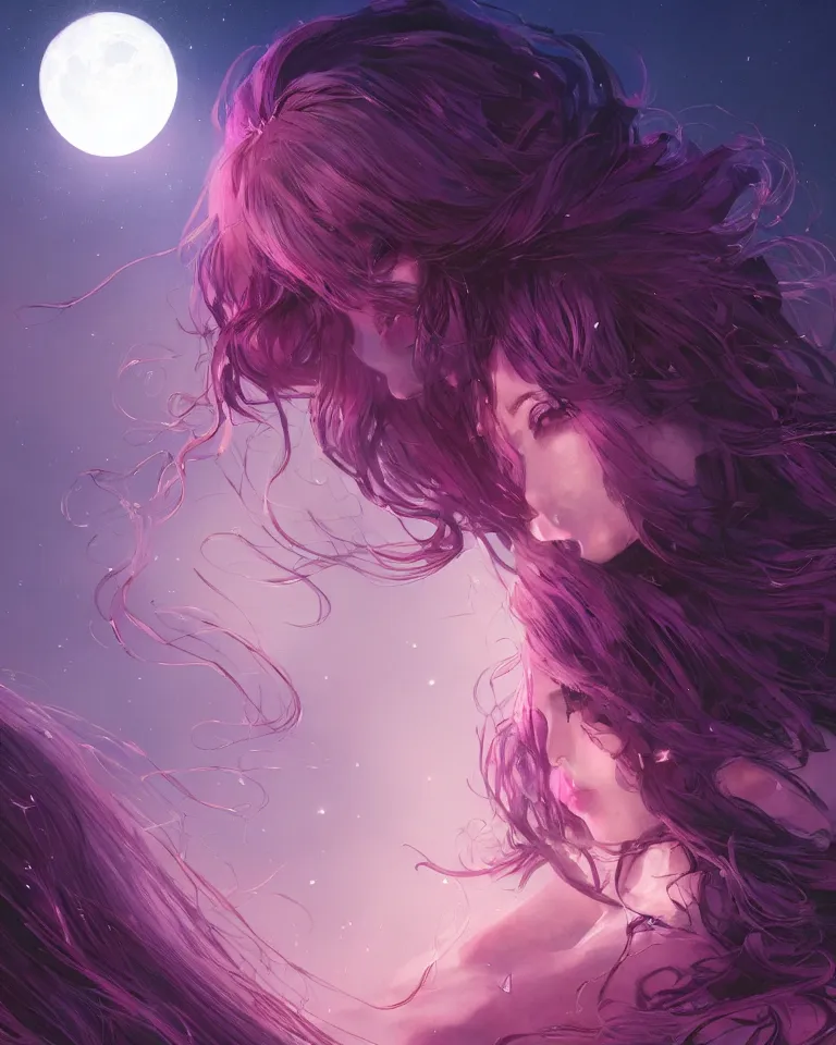 Prompt: a highly detailed image of A beautiful woman basking in the moonlight, with medium length magenta hair covering an eye, tall tree, large obsidian chunks, cinematic lighting, dramatic atmosphere, by Dustin Nguyen, Akihiko Yoshida, Greg Tocchini, Greg Rutkowski, Cliff Chiang, 4k resolution, trending on artstation