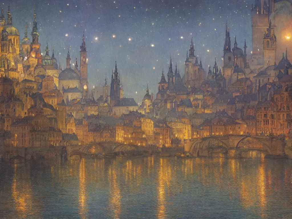 Prompt: a view from the river a city resembling prague, paris, and venice at night with a sky full of nebulas, intricate, elegant, highly detailed, digital painting, artstation, concept art, smooth, sharp focus, colored illustration for tattoo, art by l birge harrison and krenz cushart and artem demura and alphonse mucha,