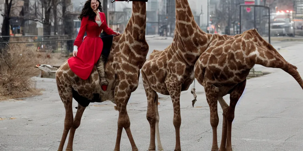 Image similar to gal gadot, in a red victorian era dress, rides on the back of a huge giraffe necked albino elk as it walks thru the deserted streets of downtown cleveland