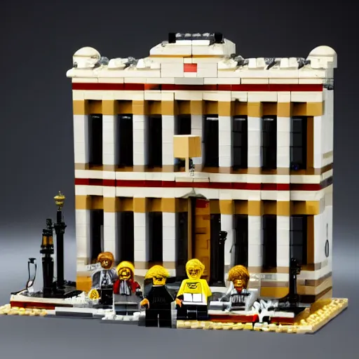 Image similar to Box art for a LEGO set of a court room