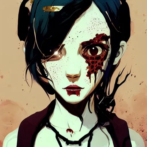 Image similar to Highly detailed portrait of a punk zombie young lady with freckles and brown curly hair hair by Atey Ghailan, by Loish, by Bryan Lee O'Malley, by Cliff Chiang, by Goro Fujita, by Greg Tocchini, inspired by ((image comics)), inspired by nier:automata, inspired by graphic novel cover art !!!gold, silver, opal, brown, black, and white color scheme ((grafitti tag brick wall background))