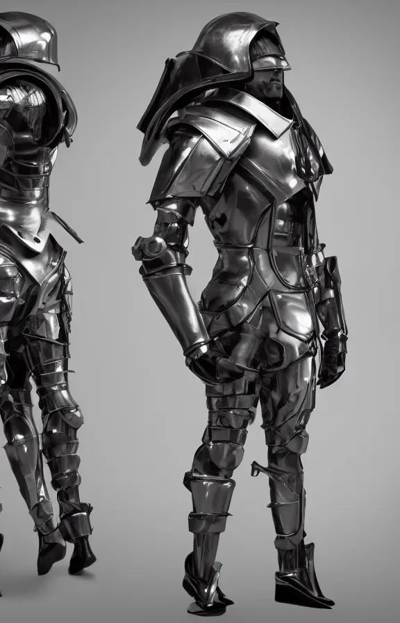 Image similar to futuristic warrior with latex and steel details, with his back to the viewer, futuristic space suite, back light, full body view, 8 k, 3 d render, cinematic lighting