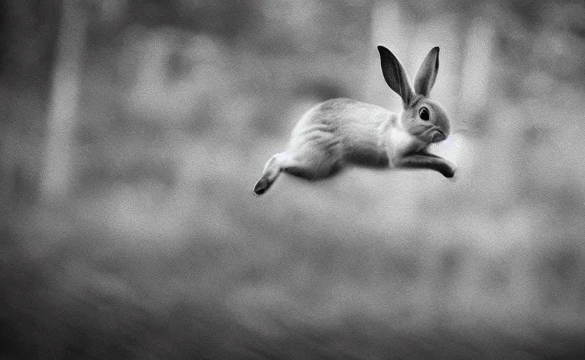 Prompt: rabbit jumping, in motion, blur, action, house in the wood, lomography photo, unfocus, monochrome, 35mm, noise effects filter