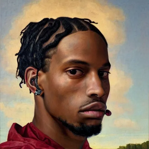 Image similar to a renaissance style portrait painting of travis scott