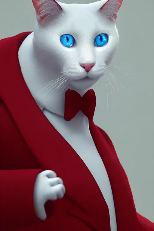 Image similar to a white cat with blue eyes wearing a red formal overcoat, hyperrealistic, concept art, octane render, unreal engine 5, realistic and defined face, profile picture, digital art, pixar and disney style, symmetrical, high quality, highly detailed, high coherence, path traced, house background, low contrast, beautiful