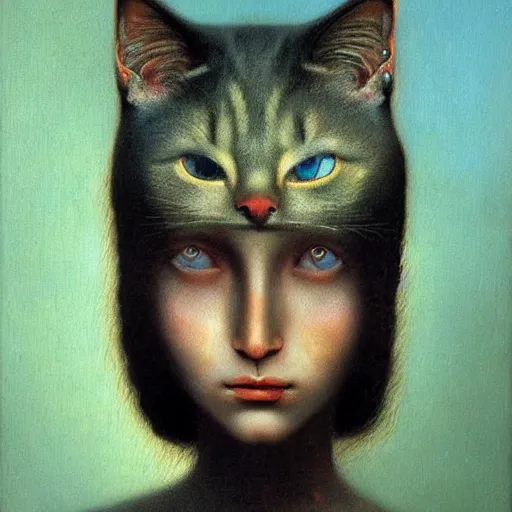 Prompt: young teen female with cat head , painting by Beksinski