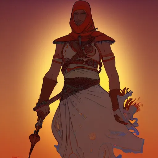 Image similar to an ultra detailed vector image of solaire of astora dressed as the prince of persia, concept art by alphonse mucha and greg rutkowski, bright red desert sands, bright yellow and red sun, octane render, praise the sun