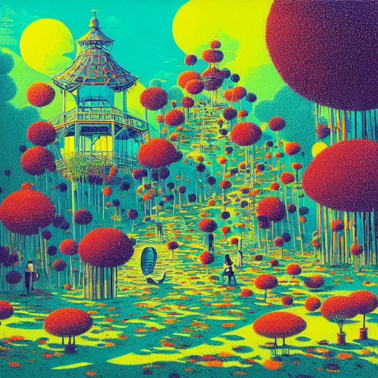 Prompt: surreal glimpse into other universe, a pavilion by akdonchampi, summer morning, very coherent and colorful high contrast, art by!!!! gediminas pranckevicius!!!!, geof darrow, floralpunk screen printing woodblock, dark shadows, hard lighting, stipple brush technique,