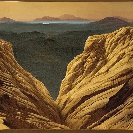 Prompt: a paradoxical impossible landscape by frederic edwin church and ms escher