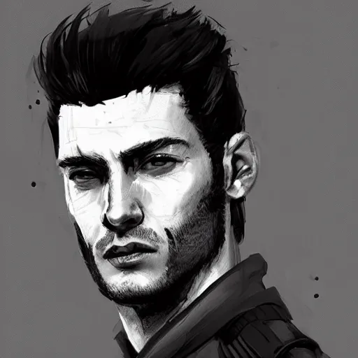 Image similar to Portrait of a man by Greg Rutkowski, he is about 30 years old, black quiff hair, his features are a mix between French, Turkish and Russian, strong, older brother vibes, he is wearing a futuristic police gear, highly detailed portrait, digital painting, artstation, concept art, smooth, sharp foccus ilustration, Artstation HQ.