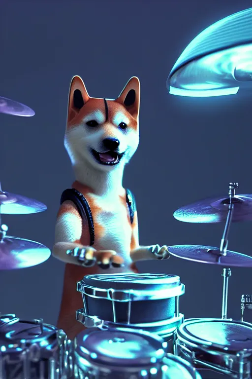 Image similar to high quality 3 d render very cute cyborg shiba inu plays drums, cyberpunk highly detailed, unreal engine cinematic smooth, in the style of blade runner & pixar, hannah yata charlie immer, moody light, low angle, uhd 8 k, sharp focus