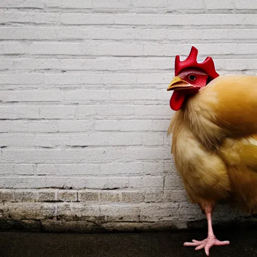 Image similar to man dressed as a chicken hiding behind a corner