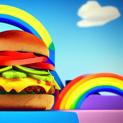 Image similar to 3 d render of rainbow burger, sunny day