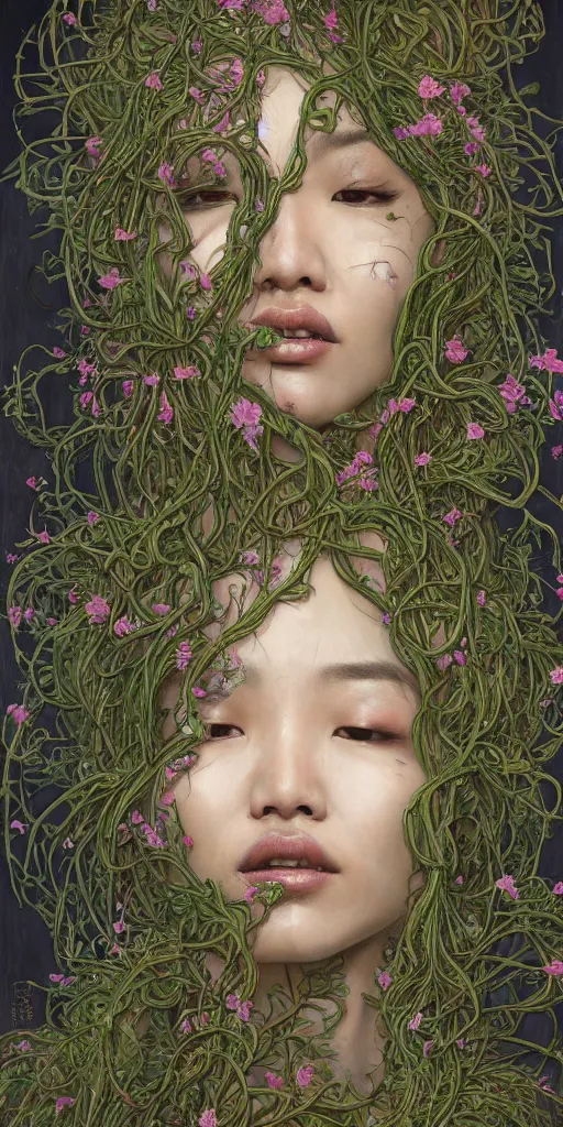Image similar to very beautiful highly detailed and expressive oil painting of an asian woman's face dissolving into vines and plants by james jean, by kim jung gi, masterpiece, dynamic lighting, intricate linework, 8 k, flowers