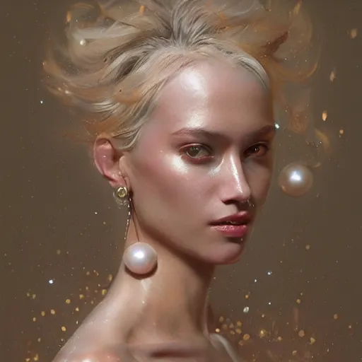 Prompt: a woman with pearls and glittering skin, a detailed painting by greg rutkowski and raymond swanland, featured on cgsociety, fantasy art, detailed painting, artstation hd, photorealistic