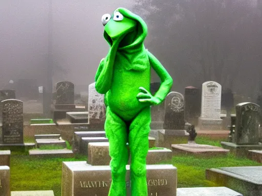 Prompt: A marble memorial statue of Kermit the frog at the graveyard, foggy day