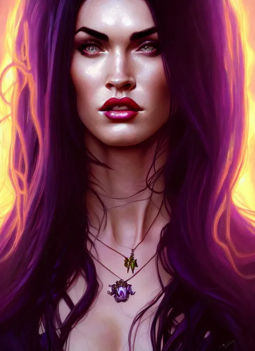 Prompt: portrait of megan fox as a vampire queen, jewelry, greek, purple, intricate, headshot, highly detailed, digital painting, artstation, concept art, sharp focus, cinematic lighting, illustration, art by artgerm and greg rutkowski, alphonse mucha, cgsociety