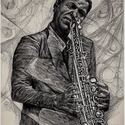 Prompt: saxophonist by ed fairburn, joseph clement coll, franklin booth