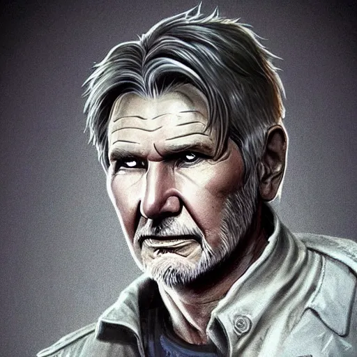 Image similar to a highly detailed epic cinematic concept art CG render digital painting artwork costume design: Harrison Ford, old scars, tired and drunk, in an old 1950s leather jacket. By Greg Rutkowski, Ilya Kuvshinov, WLOP, Stanley Artgerm Lau, Ruan Jia and Fenghua Zhong, trending on ArtStation, made in Maya, Blender and Photoshop, octane render, excellent composition, cinematic atmosphere, dynamic dramatic cinematic lighting, aesthetic, very inspirational, arthouse